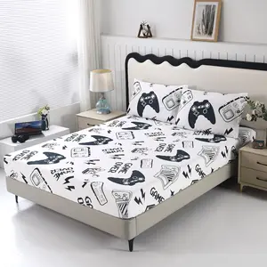 White Gamer Full Fitted Sheet with 2 Pillowcases, Not Including Flat Sheet, Soft Microfiber Deep Pocket Gaming Bed Sheets for Boys Girls Kids