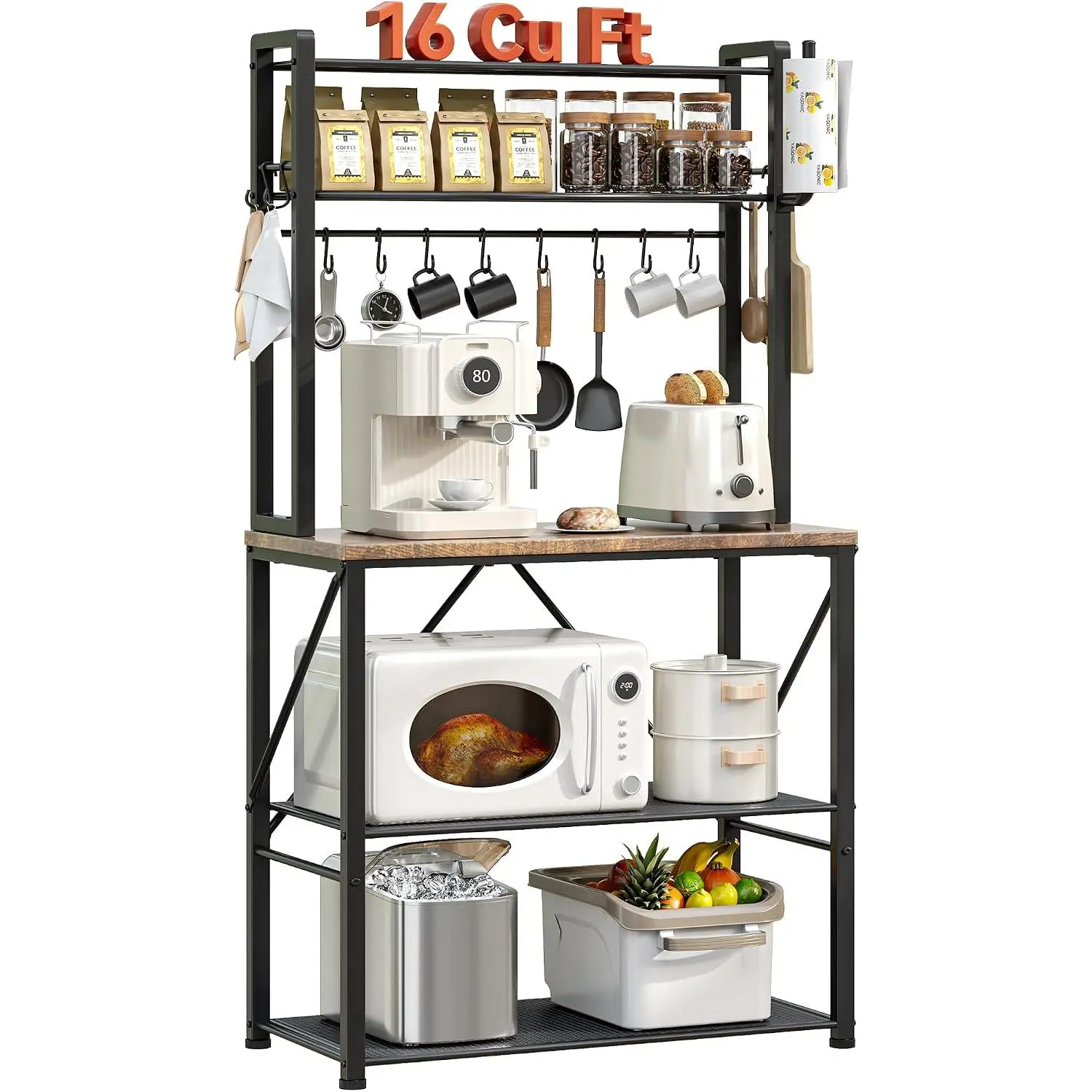 Coffee Bar, Bakers Rack with Storage, 25.6 Inches Microwave Stand, 5 Tier Kitchen Shelves Appliance Storage, 12 S Hooks Large Coffee Station for Spices, Pots and Pans, Rustic Brown