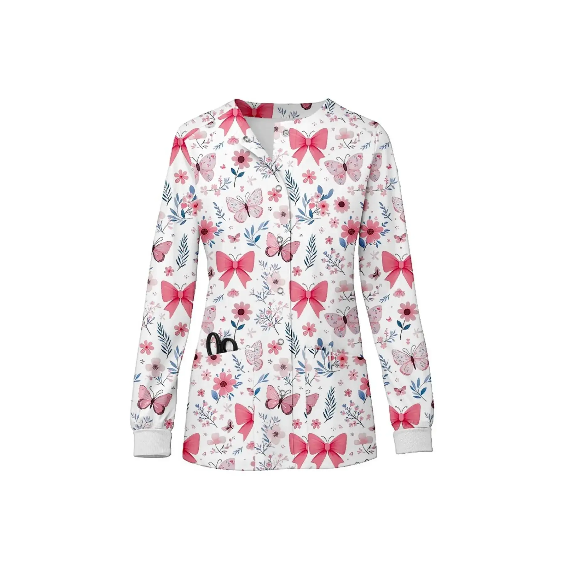 Printed Long Sleeve Scrub Jacket Floral Pattern Doctor Nurse Scrubs Nurse Hospital Work Uniform Top Workwear