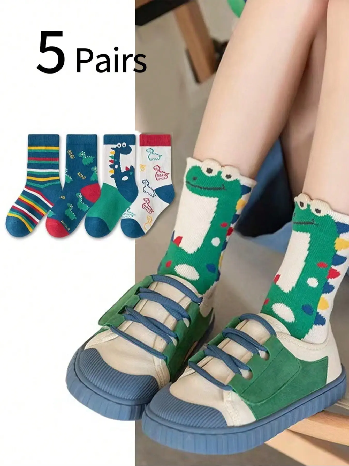 5 Pairs Socks, Cute Cartoon Dinosaur Striped Mid-Calf Socks, Boys' Casual Long Socks for Daily Wear and Sports
