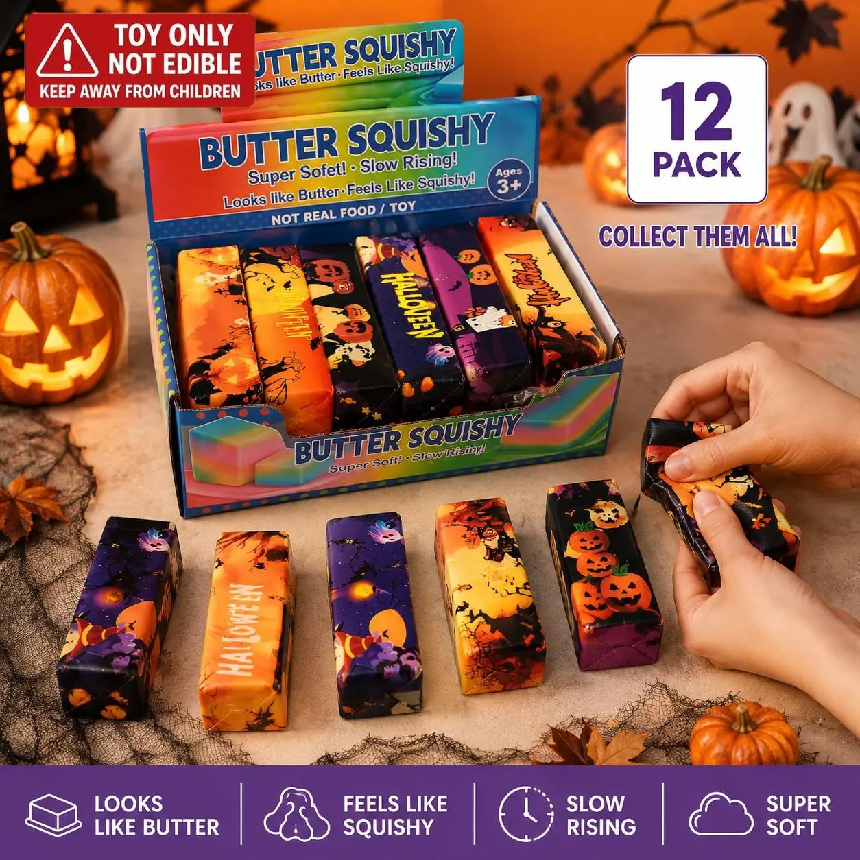 12‑Pack Halloween Butter Stick Stress Relief Toys, Slow‑Rising Squeeze Fidget Toys, Party Favors, Kids & Adults Relaxation Gifts