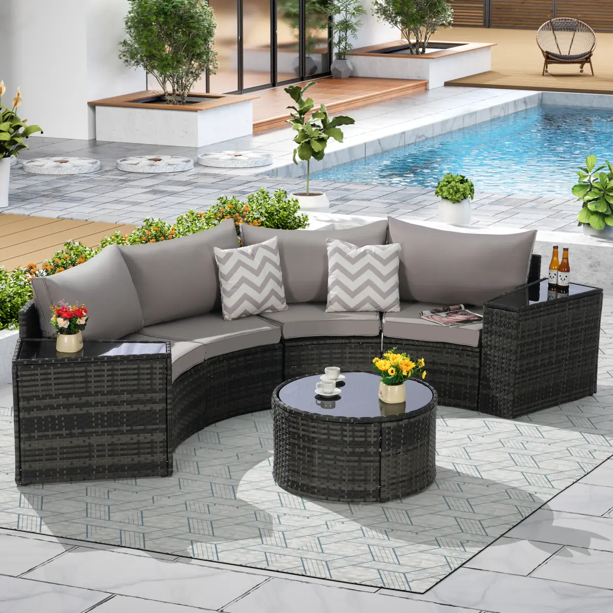 Aobtkel 7-Piece Curved Half-Moon Sectional Outdoor Patio Furniture Set with Handcrafted Sofa and Waterproof Tempered Glass Round Coffee Table