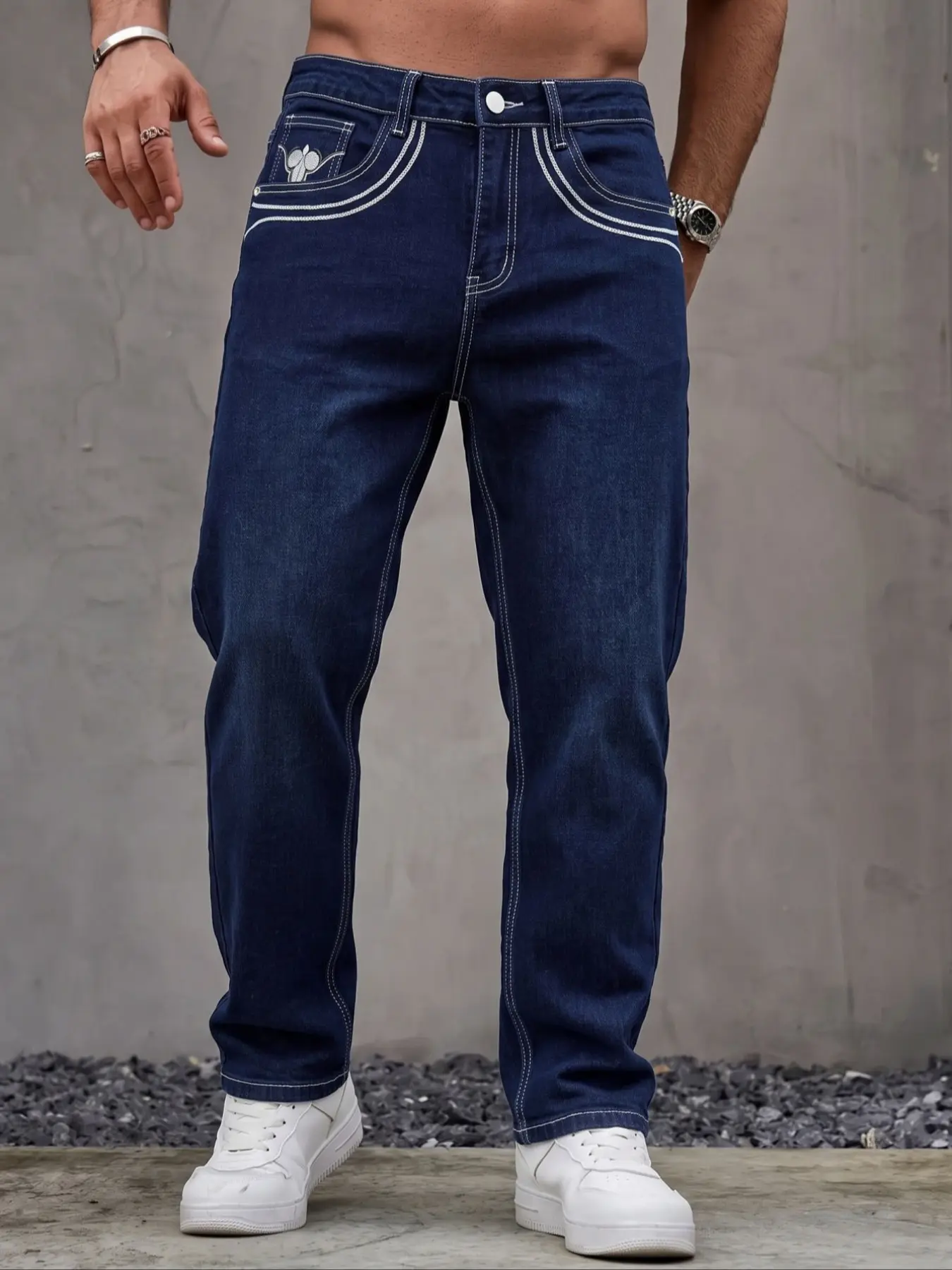 Men's Deep Blue Washed Straight Leg Jeans, Western Geometric Embroidery, Contrast Stitching, Classic Casual Elastic Denim Jeans