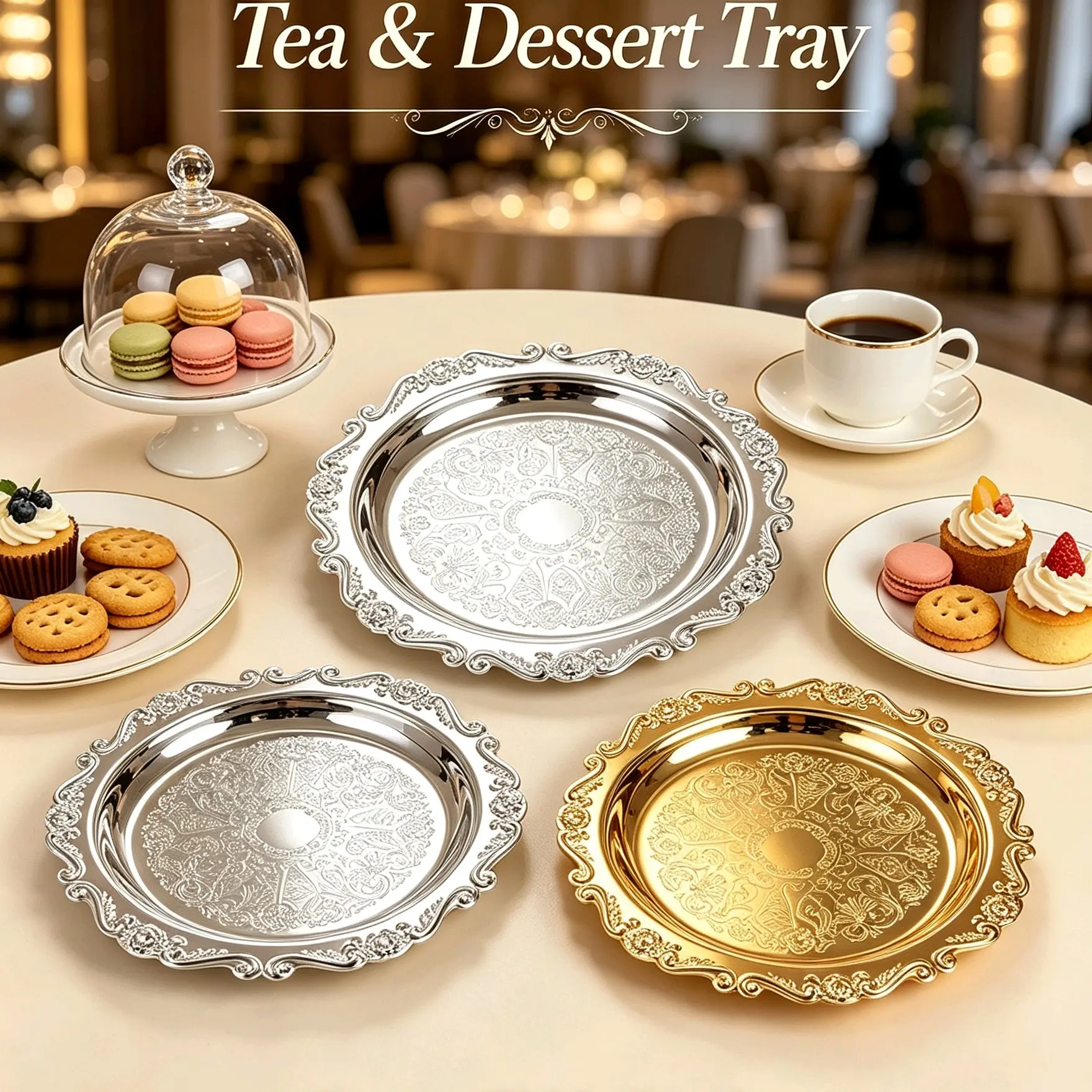 European Style Metal Plate, Serving Plates, Luxury Vintage Design, Thick Alloy Electroplated, Durable Rust-Resistant, Ideal for Home, Hotel, Wedding, Temple