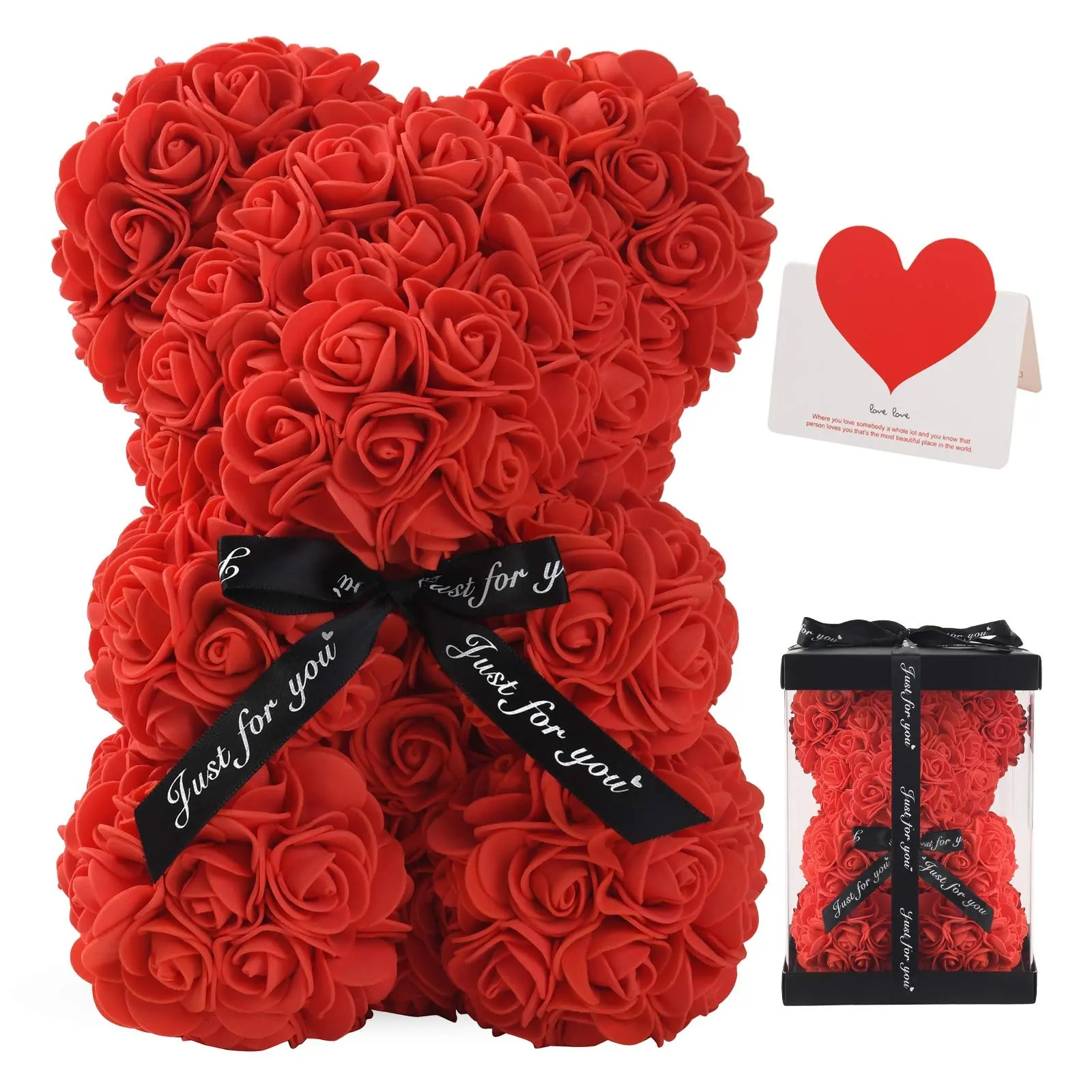 1PC Rose Bear Rose Teddy Bear Flower Gift Box for Valentines Gifts Anniversary Christmas,Birthdays Bridal Showers -Fully Handmade 10 inch Flower Bear Clear Gift Box