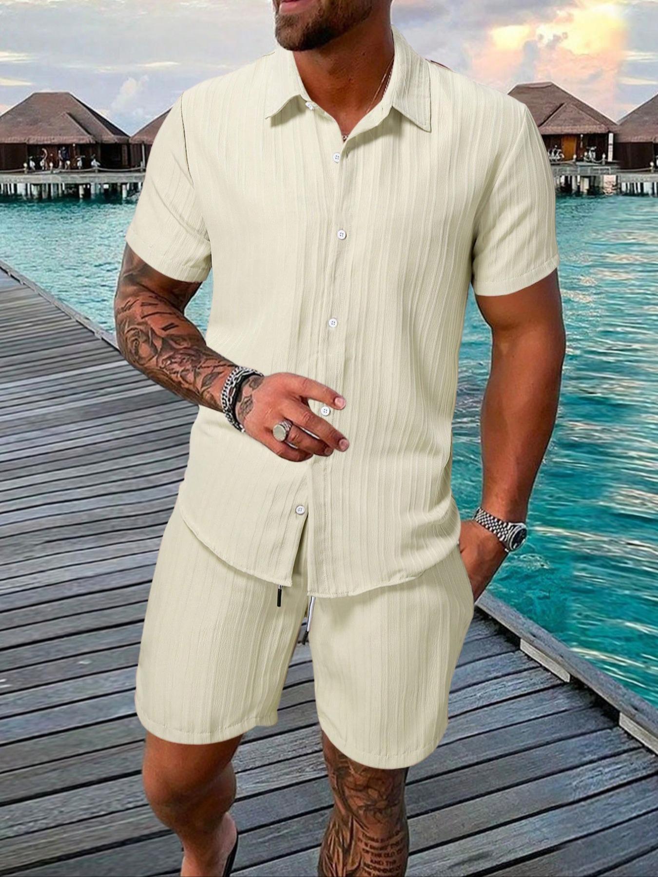 Two-Piece Set Men's Regular Fit Solid Textured Breathable Short Sleeve Shirt & Shorts, Casual Summer Set for Men, Mens Clothes for Beach Vacation