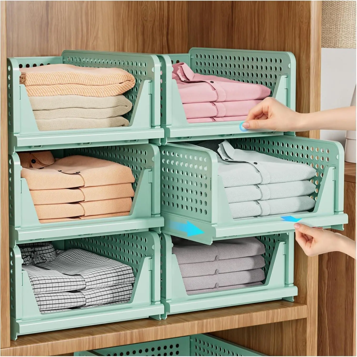 5 Pack Stackable Closet Organizer Box, Multifunctional & Foldable Closet Storage Basket for Bathroom Kitchen Laundry Room Wardrobe Storage, Space-Saving Clothes Storage Drawer Organizer, Green