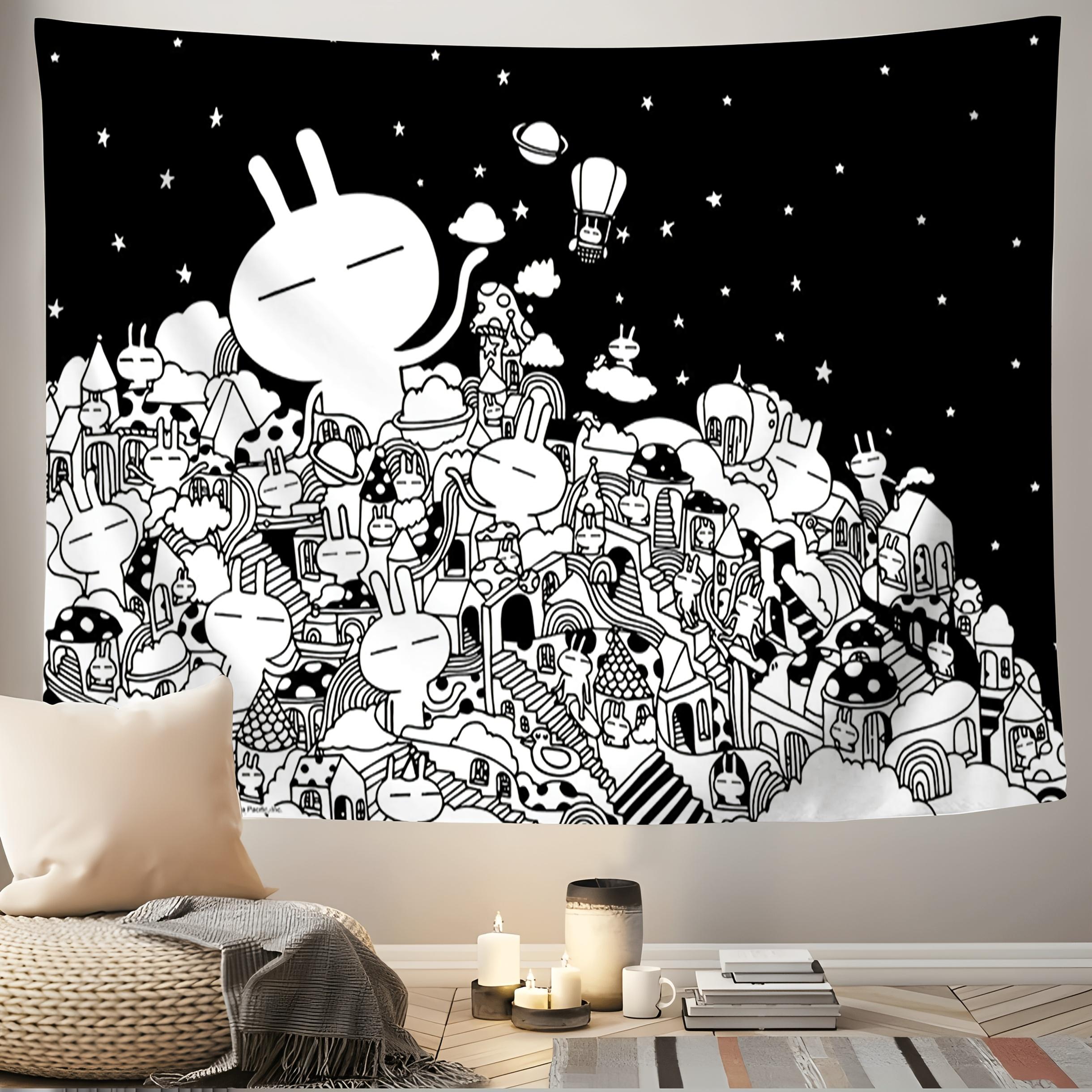 Black and White Minimalist Anime Tapestry - A group of cute characters with smiling, horizontal decoration, suitable dorm rooms, living rooms, office decor - Soft peach-beige, black and white line art, party backdrop, holiday decoration, furniture, minima