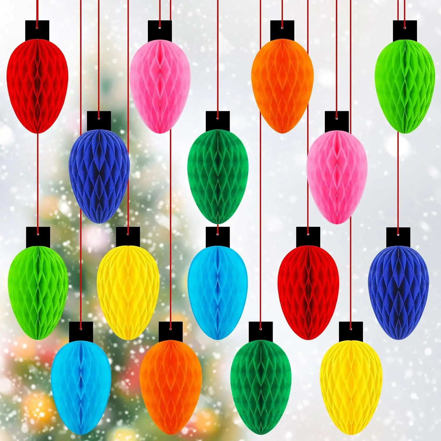 16-Count Modern Collapsible Honeycomb Christmas Light Ball Decorations with Colorful Bulbs, Set for Xmas Holiday Tree, Ceiling Sign, Classroom Party Ornament (5.9x3 in), Paper