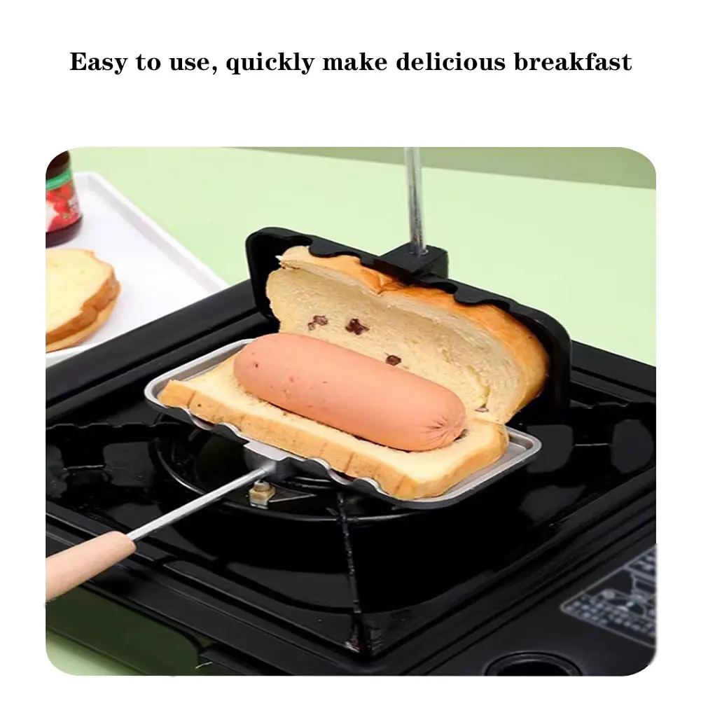 Efficient Double-Sided Nonstick Sandwich Maker & Hot Dog Toaster - Removable Handle Panini Press - Even Heat Distribution - Multi-Purpose Breakfast & Camping Specialty Cookware