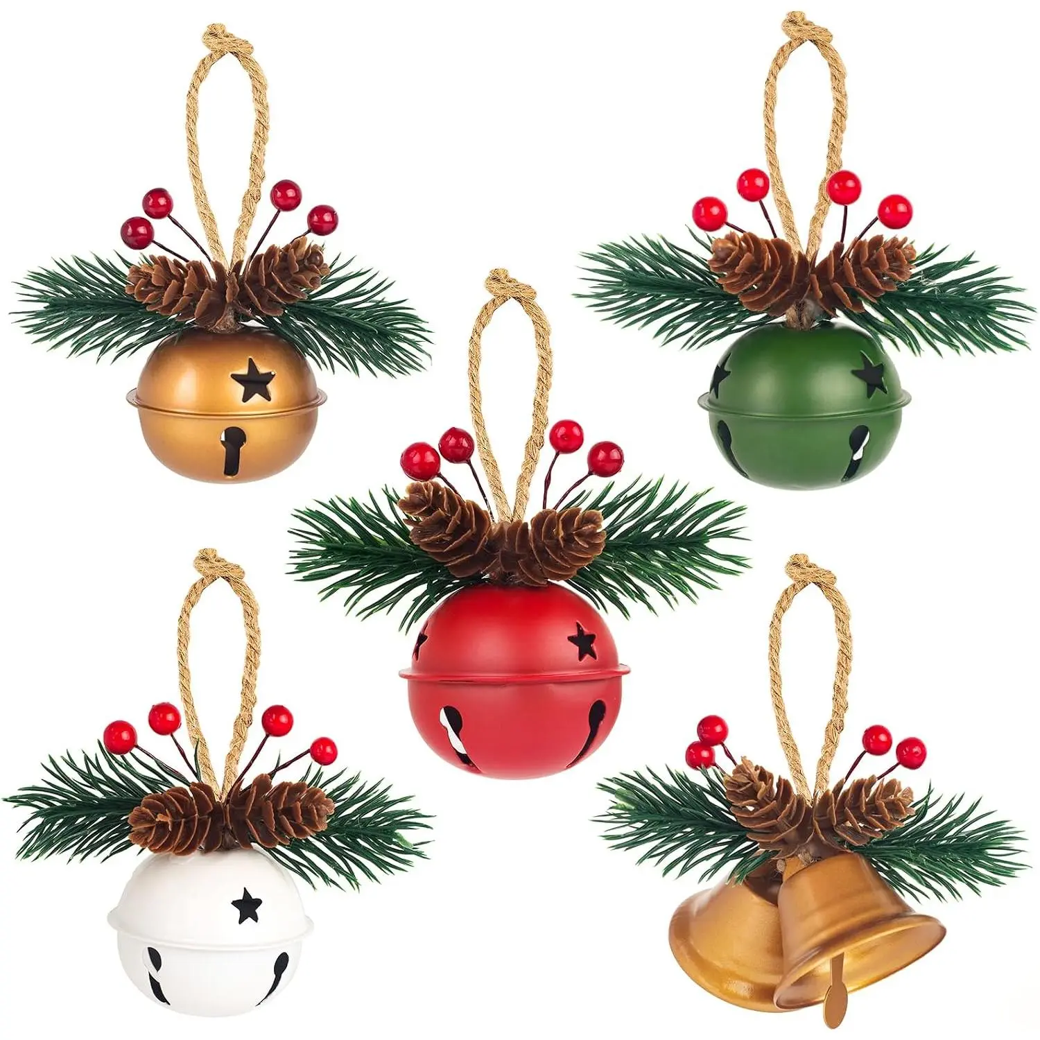 5 Pack Rustic Christmas  Ornaments with Pinecones & Berries - Metallic  Decor for Christmas Tree,Mantel, (Green,,Red,White)
