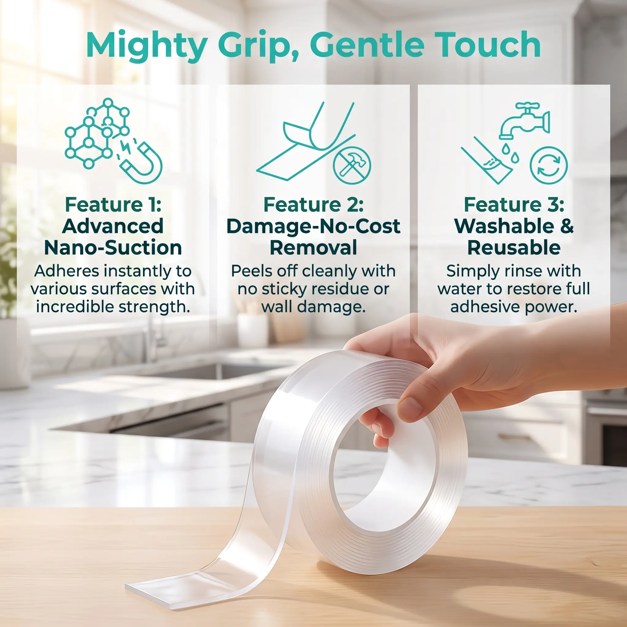 Ultra Strong Double Sided Nano Acrylic Gel Tape, Transparent Reusable Waterproof Heat Resistant Cuttable Adhesive Tape, 16.4ft Long for Home Decor Fixing on Smooth Surfaces
