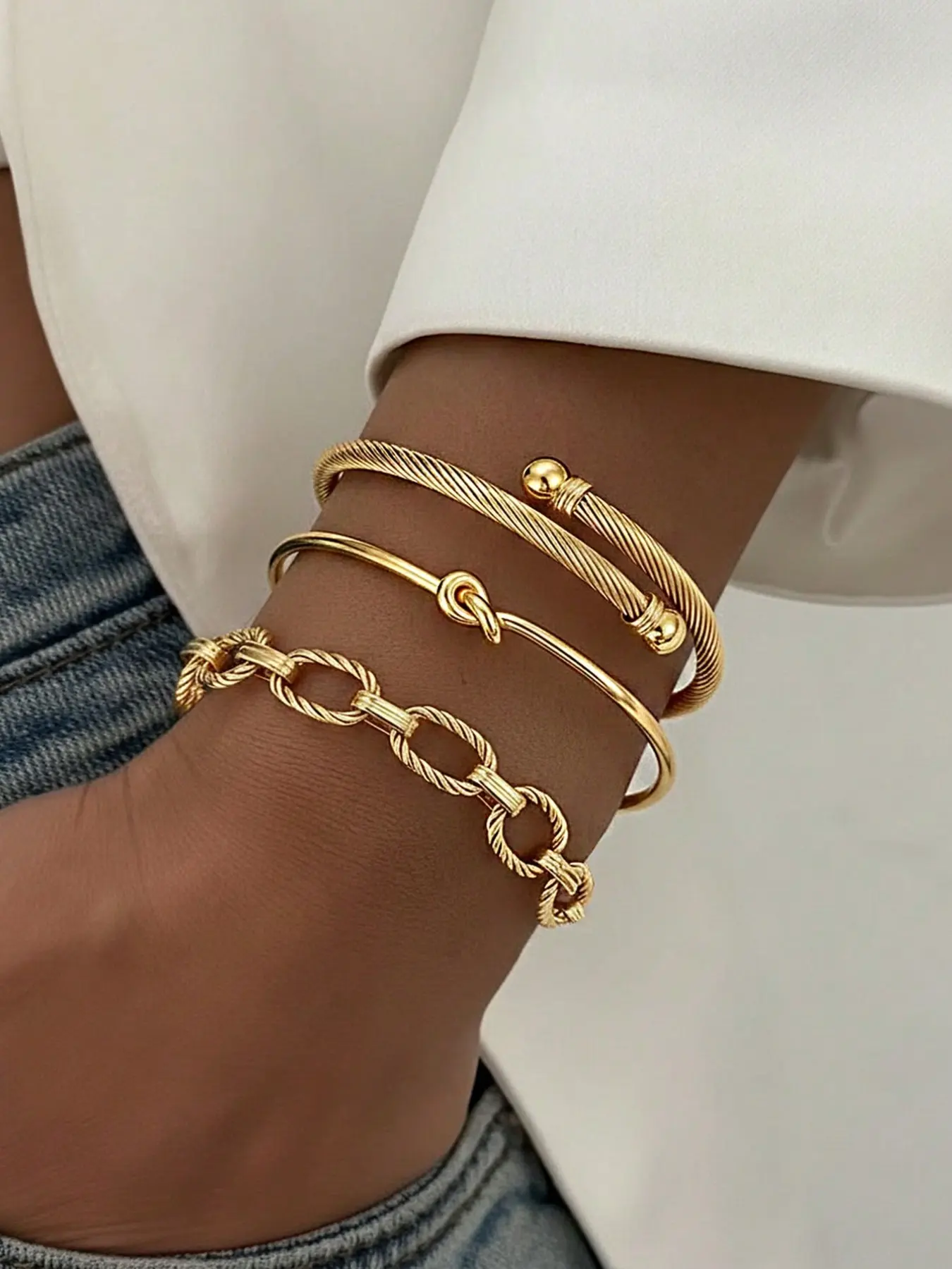 3pcs Fashion Stainless Steel Bracelet Set for Women, Gold Adjustable Open Cuff Bangles Featuring Twisted Rope, Cable Wire & Chain Link Designs, Minimalist European Style Stackable Jewelry for Everyday Wear, Travel, Party, Gift, Bangles Bracelets Set