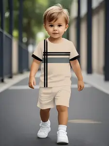Kids' Colorblock Graphic Set, Casual Slim-Fit Short Sleeve T-Shirt & Shorts, Boys' Two-Piece, Simple Style