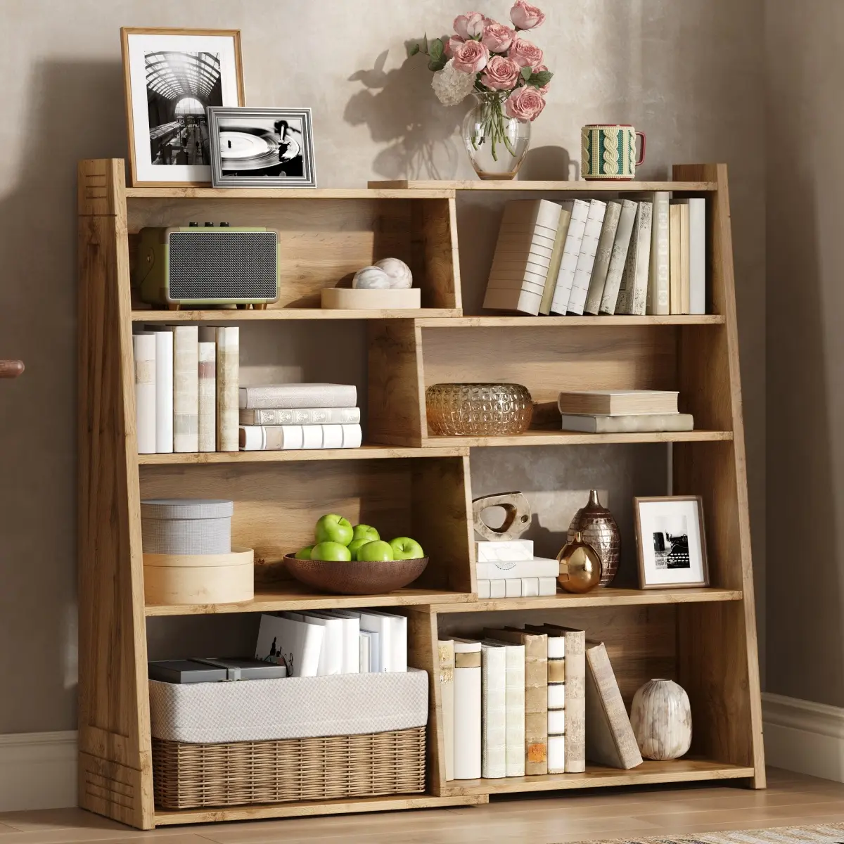 Light Oak Grain Composite Wood Modular Bookshelf, Rectangular Convertible 3 Layout Staggered Open Storage Cabinet, Anti-Tilt Stable Space Saving Freestanding Display Partition Shelf for Living Room Study Bedroom
