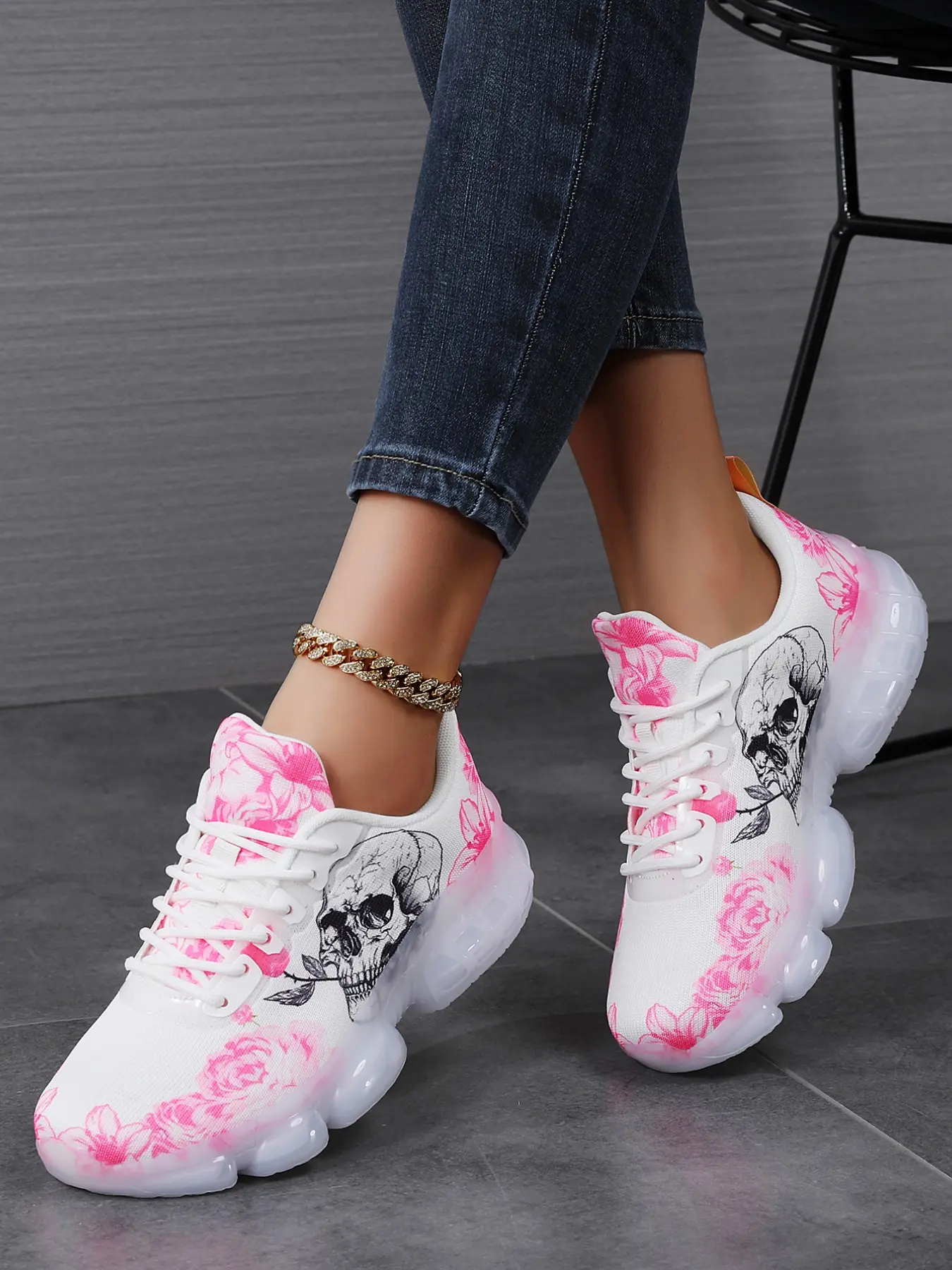 Women's Rose & Skeleton Print Lace Up Sneakers, Casual Comfortable Thick-soled Height-increasing Chunky Sneakers, Outdoor Travel Training Shoes, Floral Print Sneakers, Fashion Sneakers, Trendy Sneakers, Footwear Sneakers, Stylish Sneaker