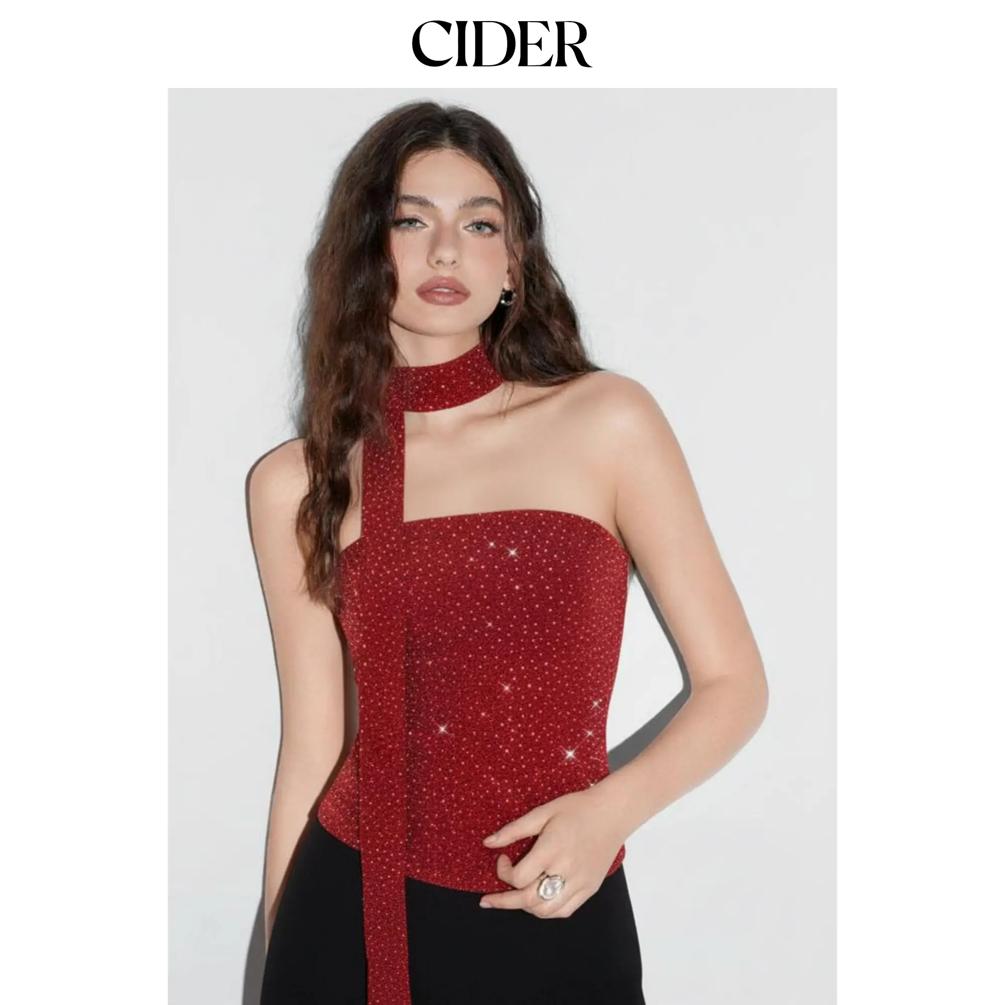 Cider Sequin Mesh Rhinestone Bandeau Top With Scarf