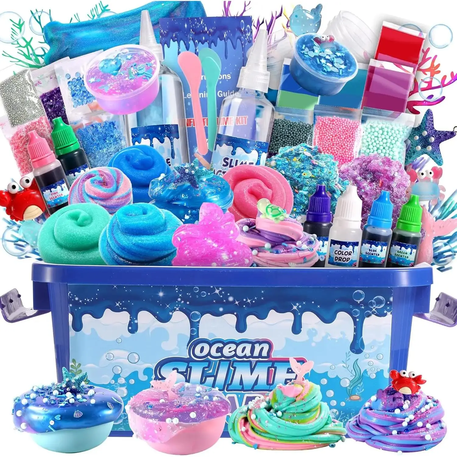 Summer Spring Gift Large Ocean Slime Kit for Boy and Girls,Non Sticky,Super Soft Sludge Toy,Birthday Gifts for Kids 4-12,Soft Shiny Metal Clay Toy Girls & Boys