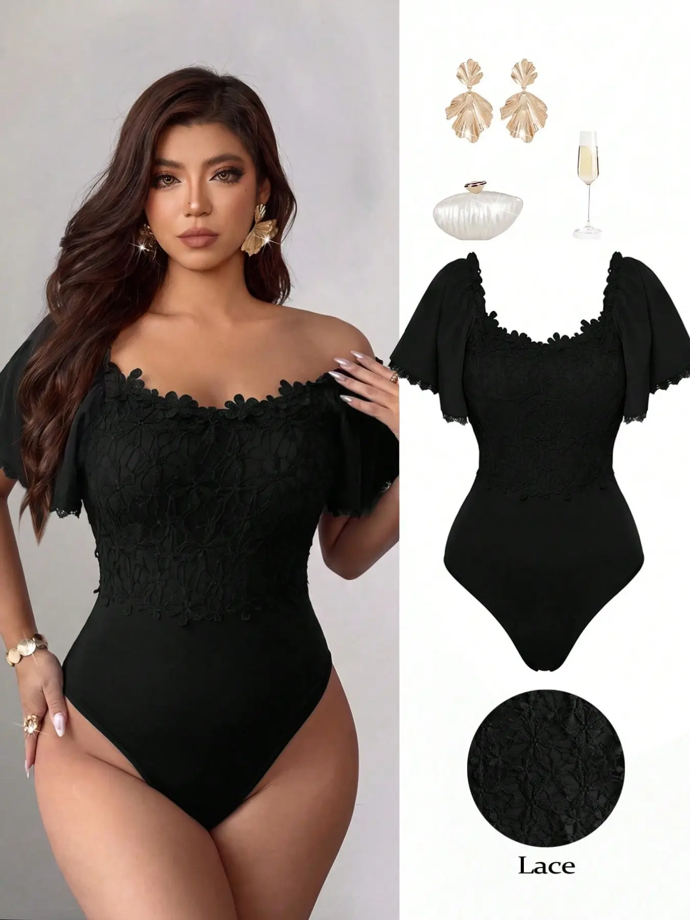 Plus Size Women One-Shoulder Floral Lace Romper, Ruffled Cap Sleeve Trim, Sexy Elegant Bodycon Top, Perfect for Formal Special Occasions, Bodysuits