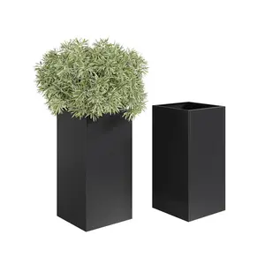 Heavy Duty 30 Inch Tall Black Metallic Taper Planters Set of 2 – Modern Square Flower Pots with Removable Insert Shelf & Drainage Holes for Indoor Outdoor Garden, Patio, Deck – 2 Pieces
