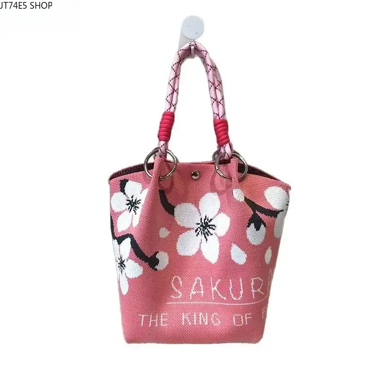 Bohemian Floral Print Knit Mini Bucket Bag - Synthetic Bucket Shape Handheld Tote, Lightweight Daily Travel Handbag