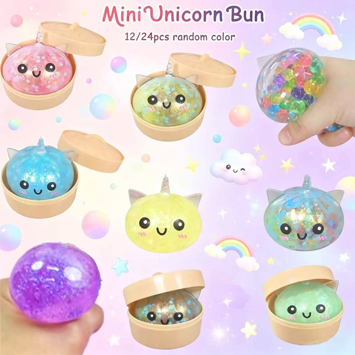 Viral Glitter Unicorn Dumpling Stress Relief Squeeze Stress Balls Blind Box Squishy Toy, Bead Filled Squeeze Stress Ball Squishies with Cute Steamer Packaging, Random Color Kawaii Fidget Gift for Adults & Kids Stress Release