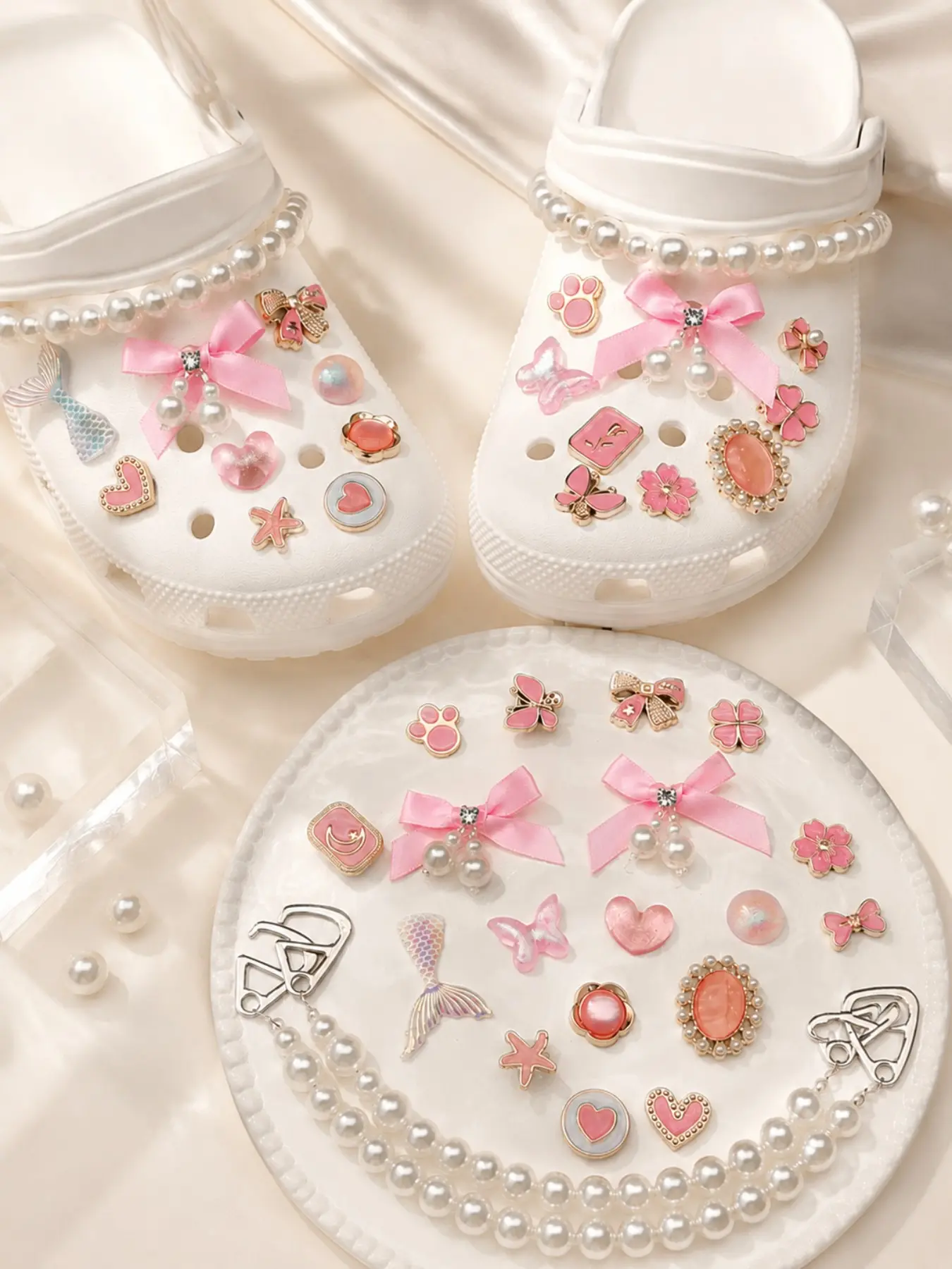 19pcs Pearl Butterfly Shoe Charms, Sweet Princess Style Abs DIY Shoe Decoration, Easy Install Charms for Women Girls Summer Shoes