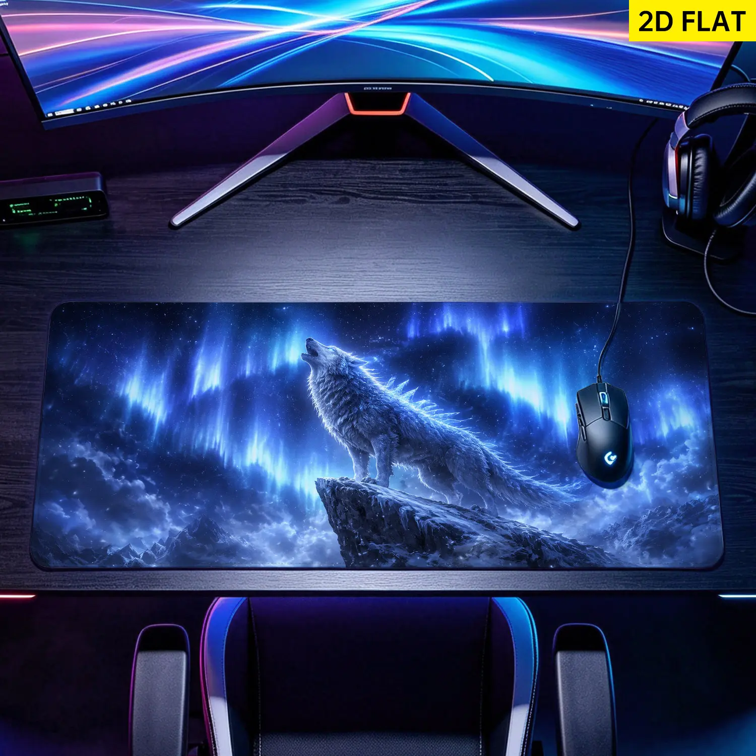 Extra Large glowing arctic wolf under aurora Mouse Pad,Non Slip Rubber Pad,Desktop Decoration Drotection Pad,Washable,Lock Edge Multi Size,Premium Multipurpose Mousepad For Office,Gaming,Gift for Family and Friends