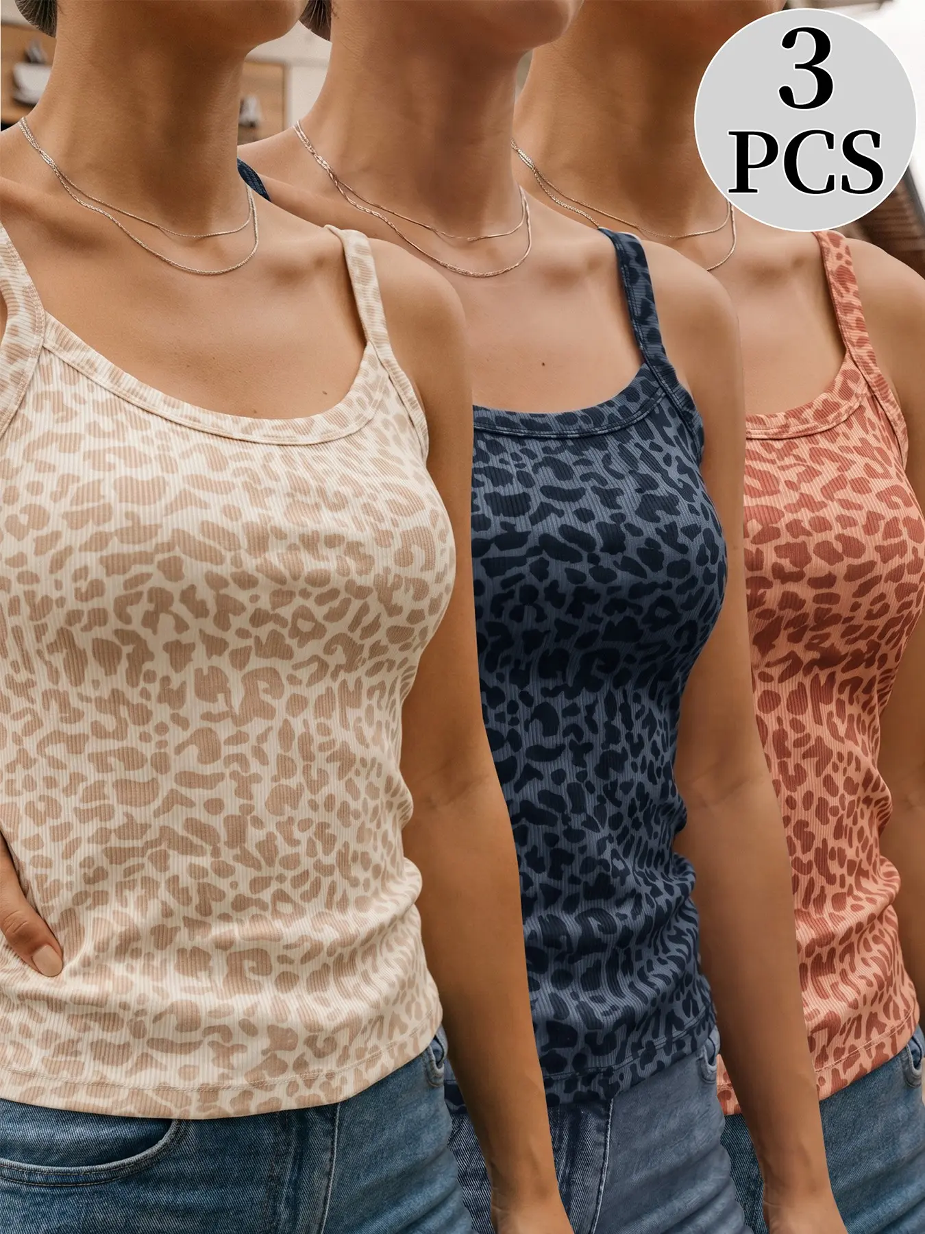 3PCS Women's Ribbed Tank Tops, Leopard Print High Stretch Casual Cami Tops for Yoga, Gym and Everyday Wear