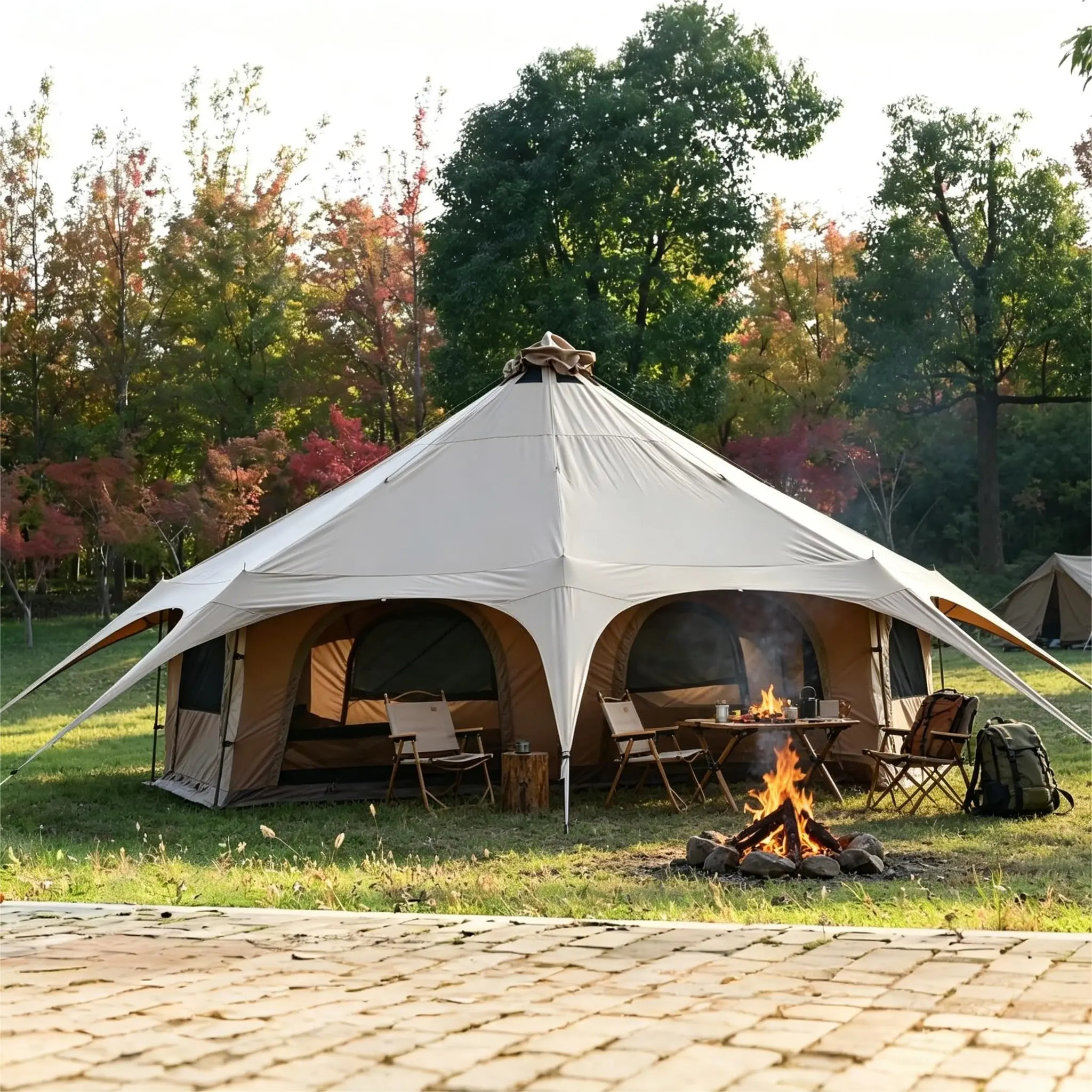 🏕️ 16.4FT Canvas Bell Tent with Stove Jack – Spacious 6-10 Person Camping Shelter, Windproof & Breathable for Year-Round Outdoor Adventures! ✨