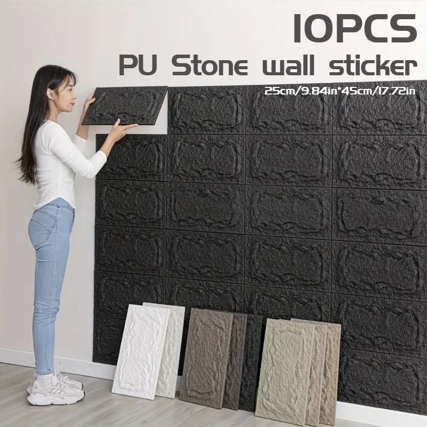 10pcs Imitation Rock Brick PU Simulation Stone Slabs, 3D Wall Panels, Wall Paneling For Interior Wall Decor, Faux Stone Wall Panel For Accent Wall Decor, Self-Adhesive Wall Stickers, Cultural Stone Tiles with Pre-Applied Adhesive, for Indoor And Outdoor A