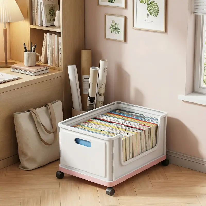 1 Piece Assembleable Mobile Book Cart, Stackable in Multiple Layers. Smooth rolling wheels, fits easily under the desk. Stores textbooks, schoolbags and documents. Perfect storage organizer for students and offices. Home Office Storage