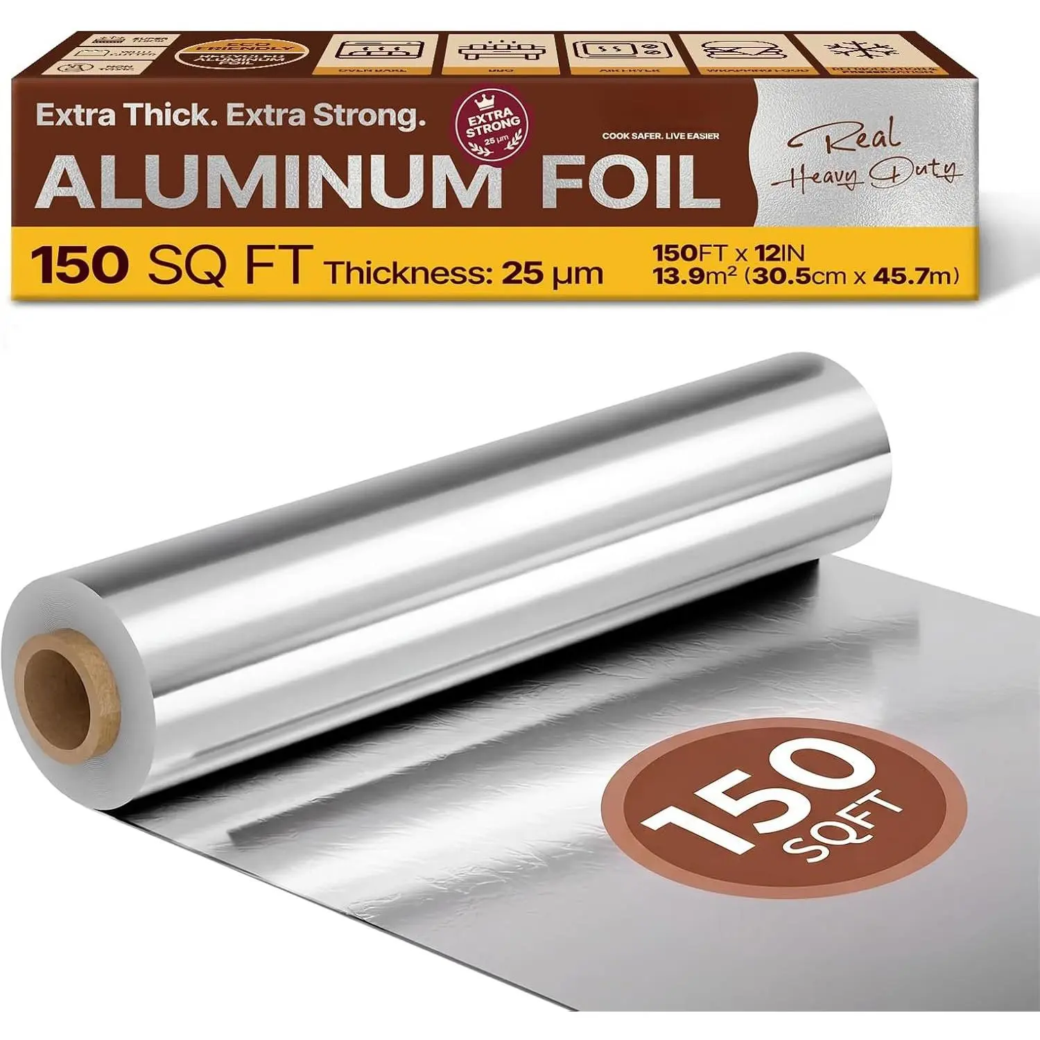 Foil Roll, Heavy Duty 12inx150ft, 25 Micron Thick  Foils  Roll with  for  Cooking, Catering, Grilling,150Sqft