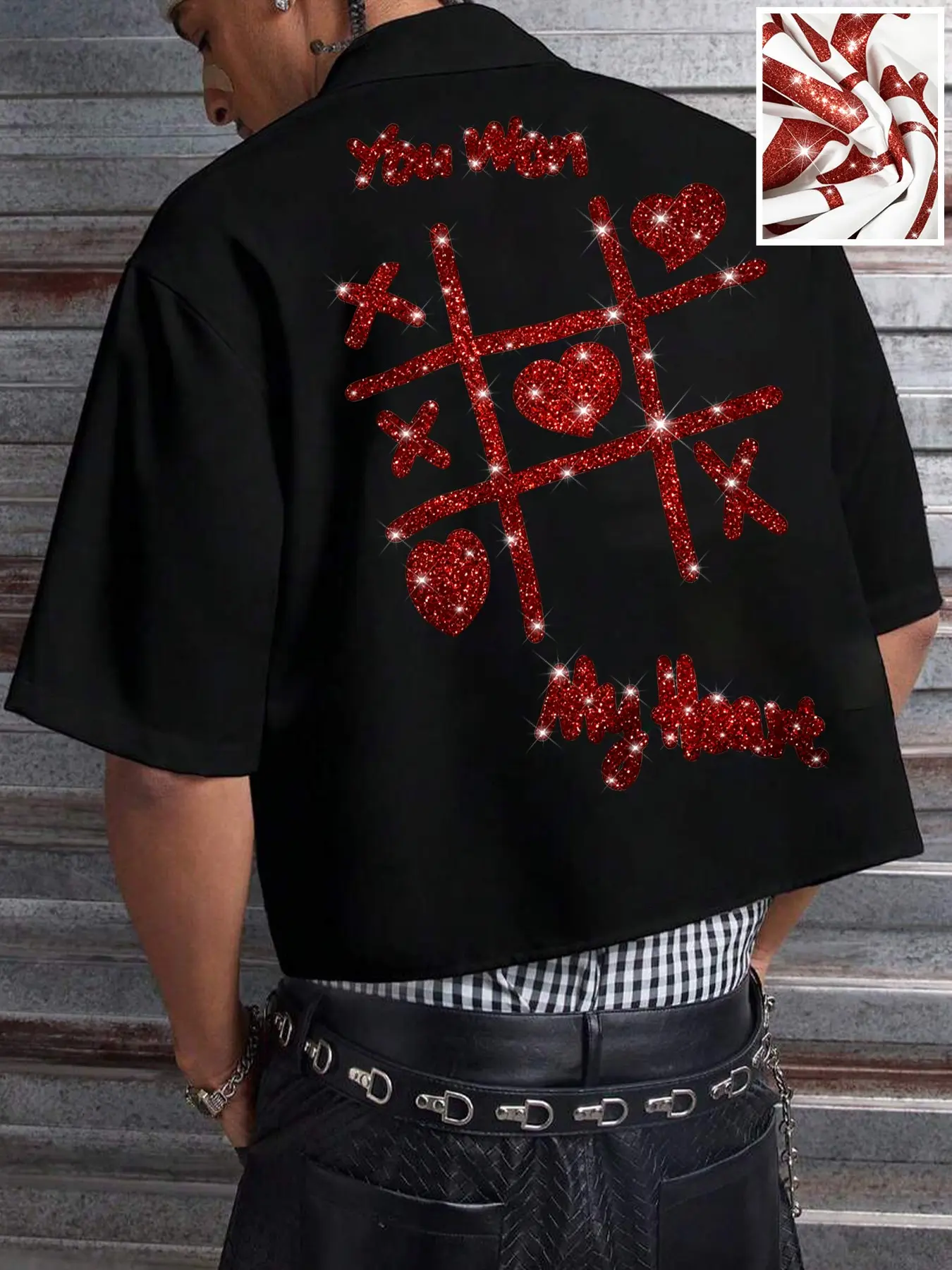 Men's Loose Cuban Collar Menswear Shirt, Aesthetic Shirt, Back 'you Won My Heart' Glitter Graphic Print, Casual Summer Short Sleeve, Versatile Blouse, Summer Shirts