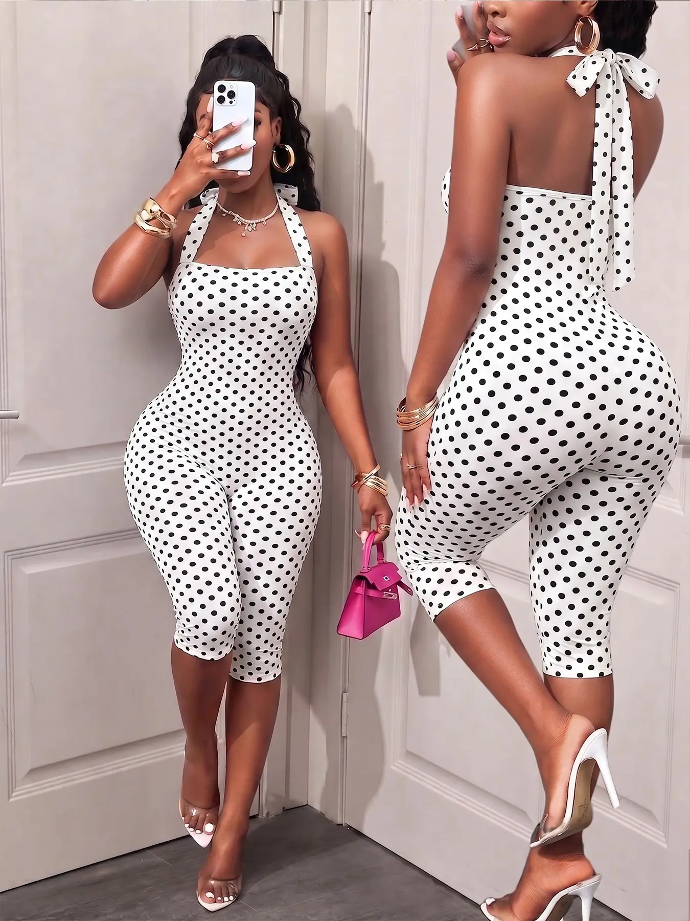 White slim-fit polka dot halter neck tie seven-quarter jumpsuit, Casual Summer Jumpsuits, made of stretchy soft fabric, dates, nightclubs, brunch, street style, summer casual women's wear