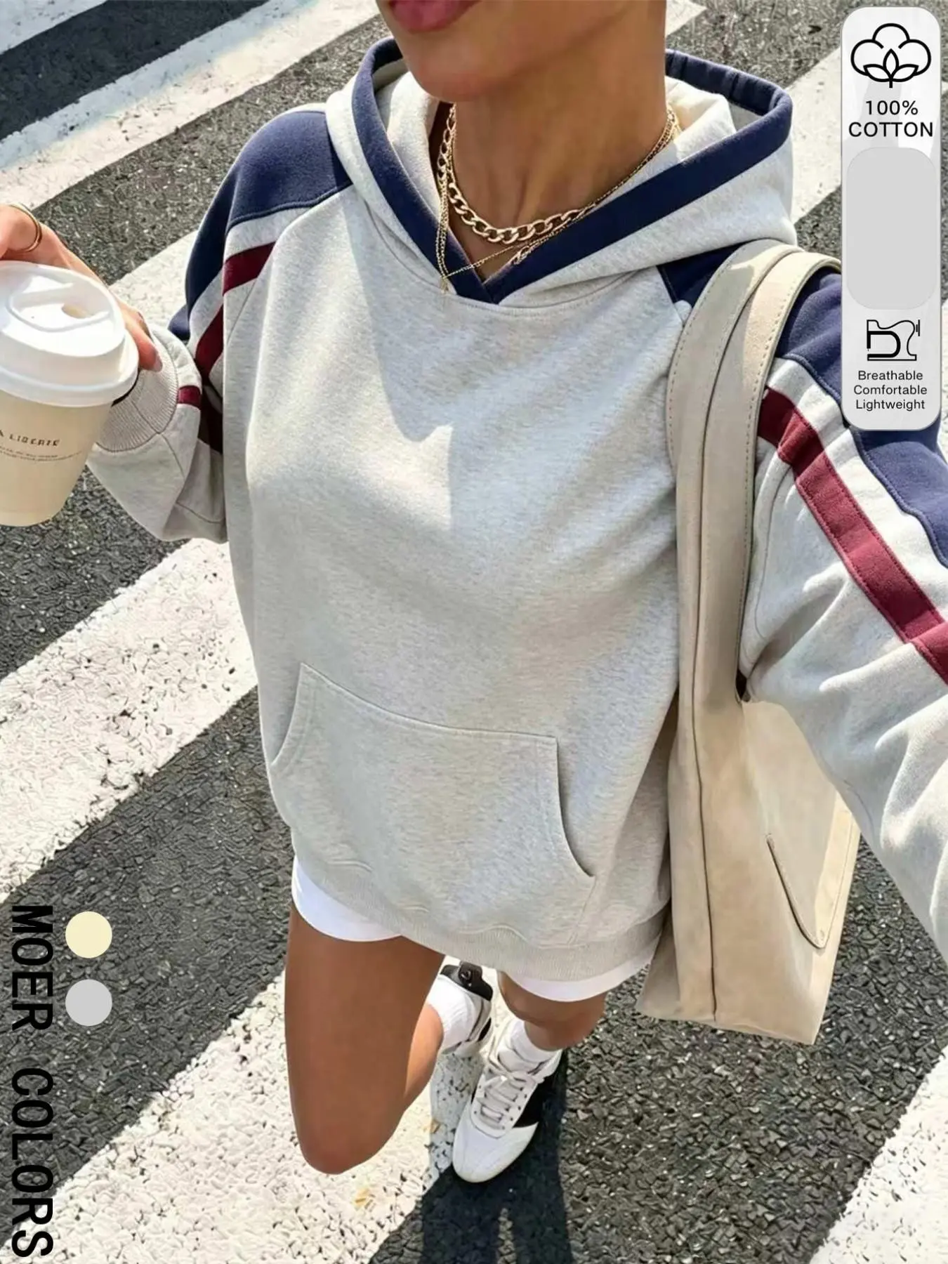 Cherrylem Women's Colorblock Striped Hooded Sweatshirt, Long Sleeve Pullover with Kangaroo Pocket, Casual Loose Fit Streetwear Top