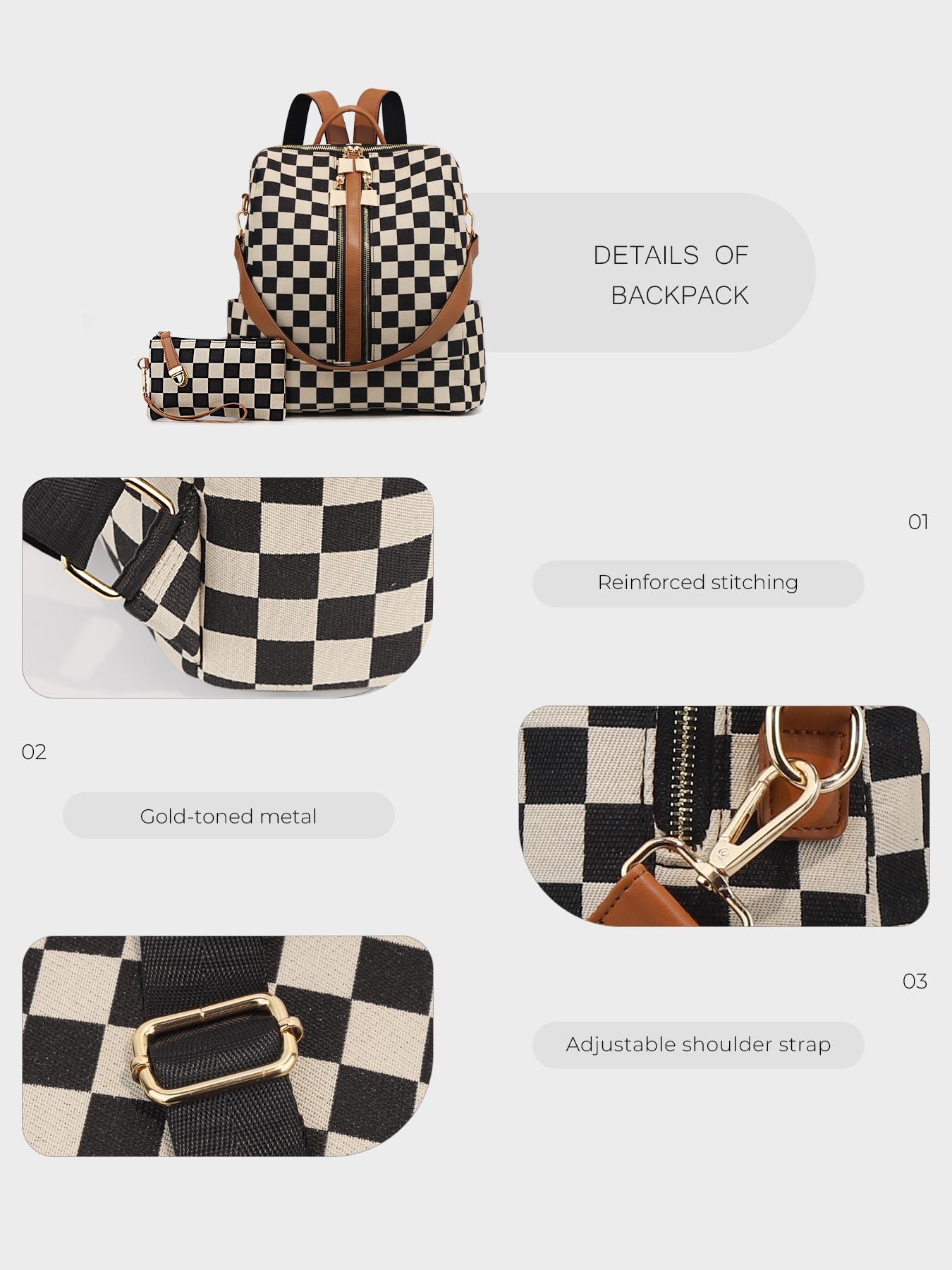 Checkerboard Pattern Checkered Print Backpack Set, Women'S Fashionable Vintage Trendy Casual Durable Lightweight Large Capacity Zipper Travel Backpack & Wristlet, Multifunctional Bag Set For Daily Use