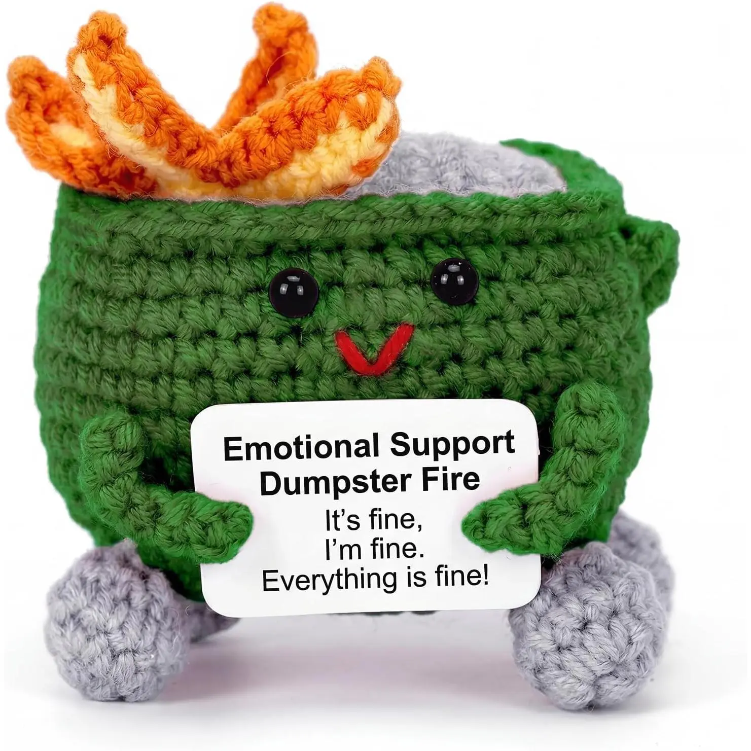 Emotional Support Dumpster Fire Crochet, Cute  Desk Accessories with Positive Card, Birthday Coworker Gifts for Women Men(Green)