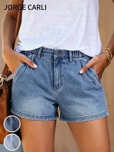 JORGE CARLI Women's Side Brand Logo Embossed Washed Denim Shorts, Classic Fashion Limited Edition, Stylish and Trendy