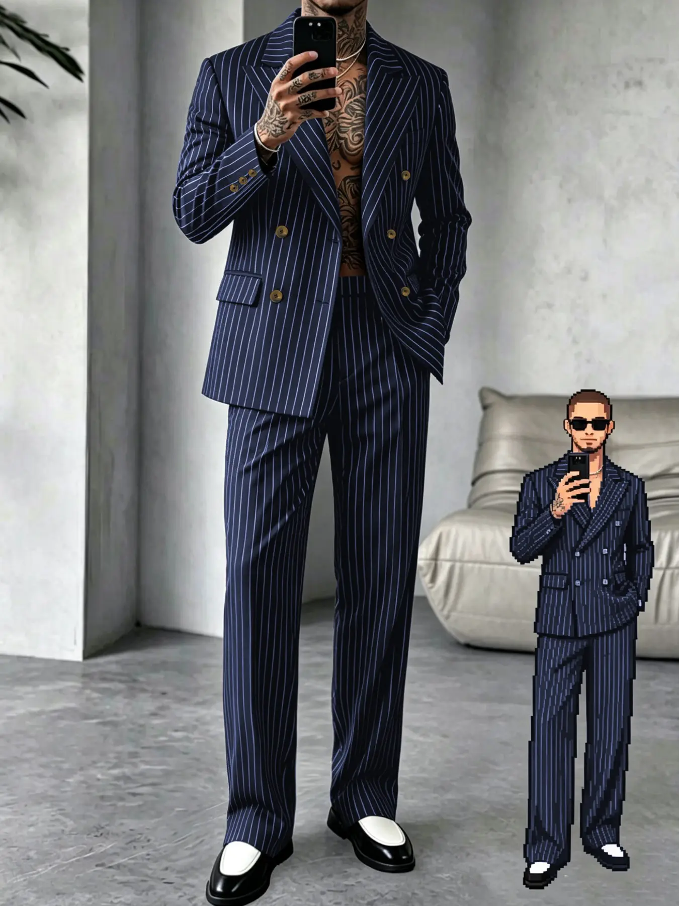 Men's Business Suit Wedding Striped Blazer Set, Double-Breasted Notch Lapel Long Sleeves Jacket + Pants, Daily Commute, Groom Dress, Evening Event