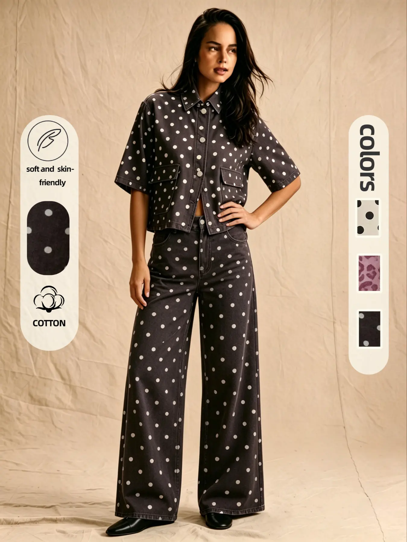 Polka Dot Non-Elastic Denim Shirt + Polka Dot Non-Elastic Denim Jeans Two-Piece Set, Stylish Casual for Everyday Wear