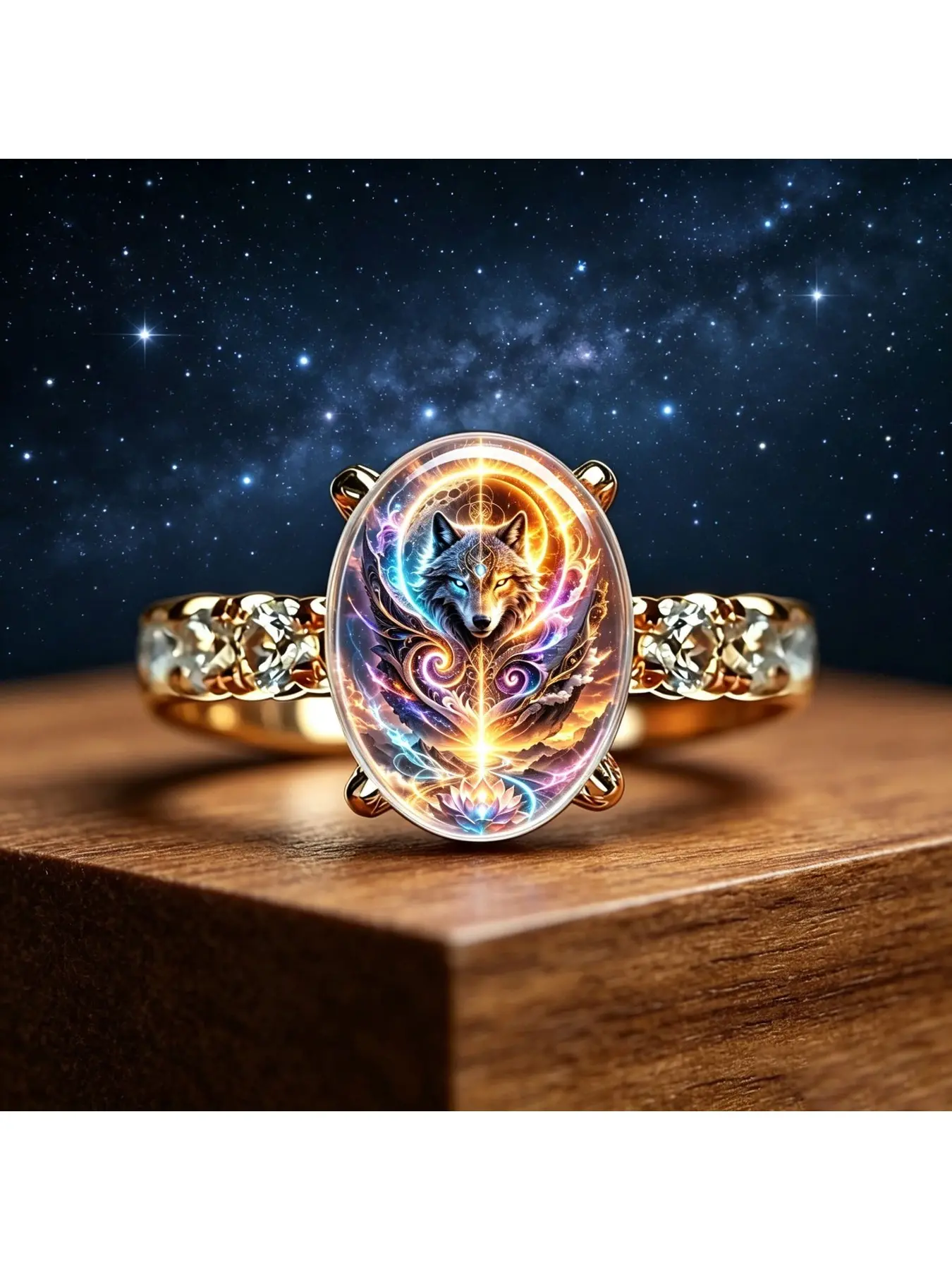 Fantasy Spirit Wolf Elliptical Golden Ring, with two different colored eyes of the divine wolf, combined with the lotus, sun and moon magic array, and flowing patterns, the color scheme is dreamy and brilliant, full of spiritual power and energy, symboliz