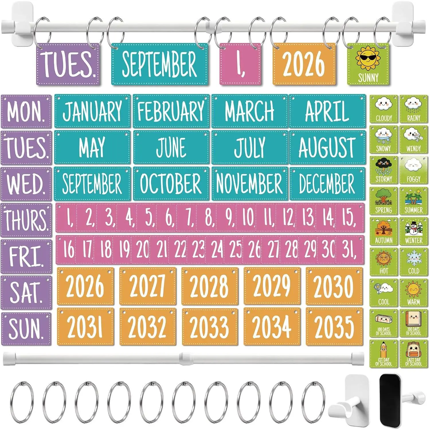 Flip Calendar for Classroom White Board  Calendar for Classroom Bulletin Board Calendar Set with 79 Cards and Adjustable Rod Colorful Bulletin Board Decor for  to School Supplies (‌Macaron)