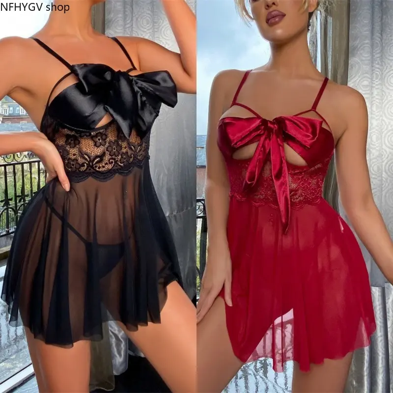 Front Big Bow Lace Cutout Sheer Mesh Slip Sleep Dress, Thin Spaghetti Strap Mini Nightgown, Romantic Lingerie Chemise For Ladies Night Relax Wedding Honeymoon And Indoor Styling