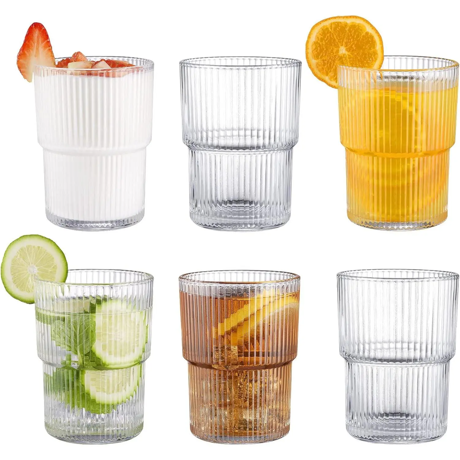 Ribbed Glassesware 14 Oz Ripple Drinking Glasses Iced Coffee Glasses Glass Cup Set Of 6 Vintage Drinking Glasses Water Glasses Fluted Glassware Cocktail Glass Cute Glass Cups