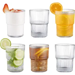 Ribbed Glassesware 14 Oz Ripple Drinking Glasses Iced Coffee Glasses Glass Cup Set Of 6 Vintage Drinking Glasses Water Glasses Fluted Glassware Cocktail Glass Cute Glass Cups