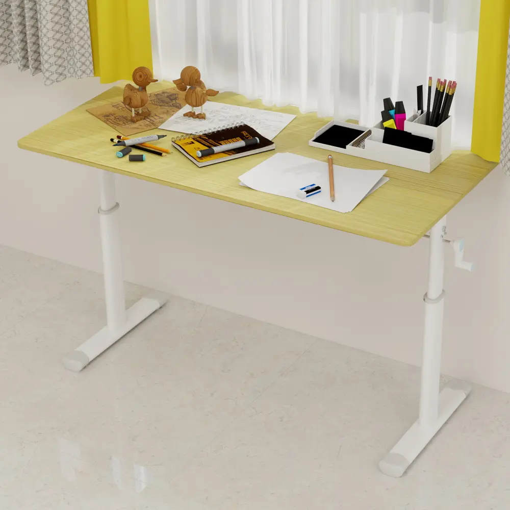 Littleox Adjustable Rectangular Computer Desk - 60x120cm, Height-Adjustable, Multifunctional Compact Home Office Desk, White Frame, Natural Wood-Colored Tabletop (Suitable for Children & Adults), Computer Desks, Height Adjust