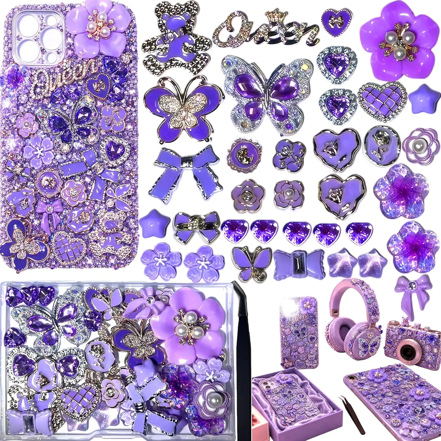Junk Case Large Charm Kit Elegant Mystery Phone Case Charms with Purple Rhinestone Butterfly, Pearl Camellia, 3D Love Bear & Floral Decor, Elegant DIY Craft Set for Girls & Social Media, Bead Decorated Charms, Craft Charms