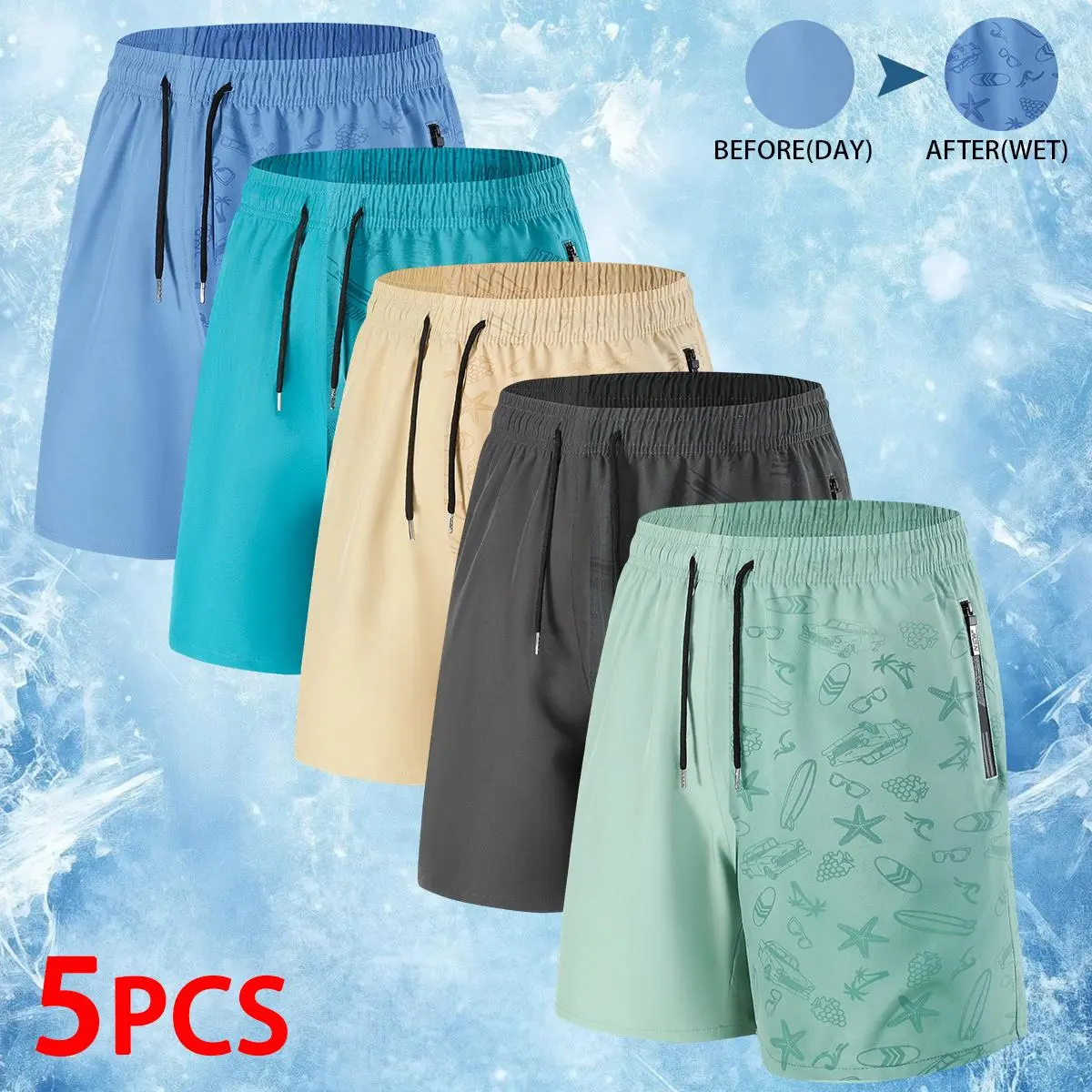 5 PCS Men's Color Changing Swim Trunks, Quick Dry Board Shorts with Zipper Pockets, Elastic Waist Drawstring Beach Shorts, Thermal Sensitive Swimwear for Summer, Swimming, Surfing, Casual Water Sports, Fun Novelty Shorts