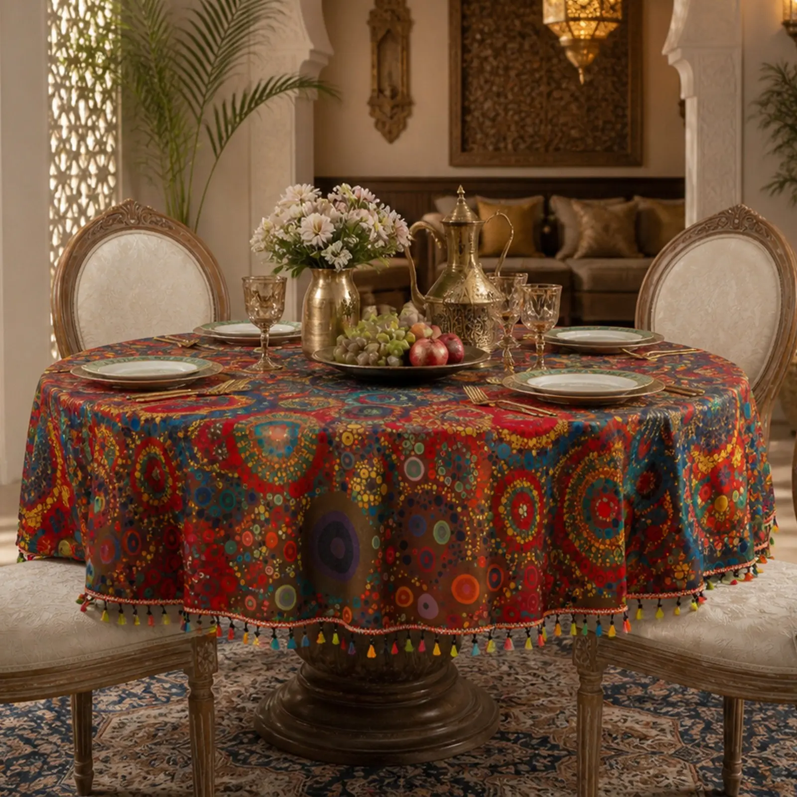 1pc Colorful Fringe Tablecloth, Round Waterproof Dining Table Cloth, Anti-Slip Durable Home Decor Table Cover, Kitchen & Living Room Use